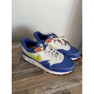 Nike Air Max 1 Boys Sneakers Size 6.5Y Blue Grey Neon Accents Casual Shoes